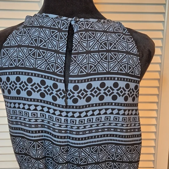 LOFT Blue and Black Midi Scalloped Hem Dress Geometric Pattern Size 4 Tie Waist - Picture 6 of 8